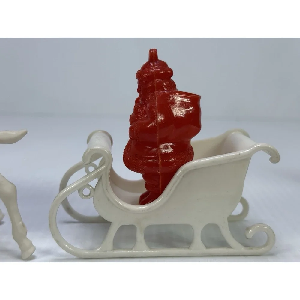 Vintage Plastic Standing Santa Claus Sleigh Pulled by Two White Reindeer